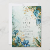 Elegante Blauwe Lelie Botanische Bruiloft Save The Date (Voorkant)