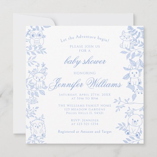 Elegante Blauwe Lijn Art Woodland Baby Jongensdouc Kaart (Voorkant)