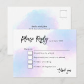 Elegante Blauwe/Lila Waterverf/Script Wedding RSVP Briefkaart (Voorkant / Achterkant)