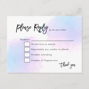 Elegante Blauwe/Lila Waterverf/Script Wedding RSVP Briefkaart