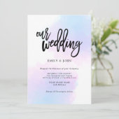 Elegante Blauwe/Lila Waterverf/Zwart Script Weddin Kaart (Staand voorkant)