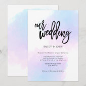 Elegante Blauwe/Lila Waterverf/Zwart Script Weddin Kaart (Voorkant / Achterkant)