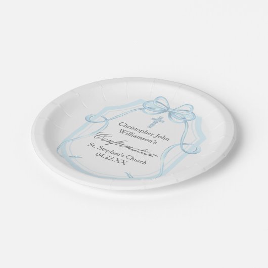 Elegante blauwe lint boog bevestiging partij papieren bordje (Gekanteld)