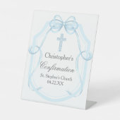 Elegante blauwe lint boog bevestiging partij reclamebord met voetstuk (Voorkant)