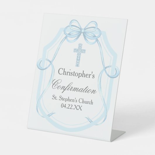 Elegante blauwe lint boog bevestiging partij reclamebord met voetstuk (Voorkant)