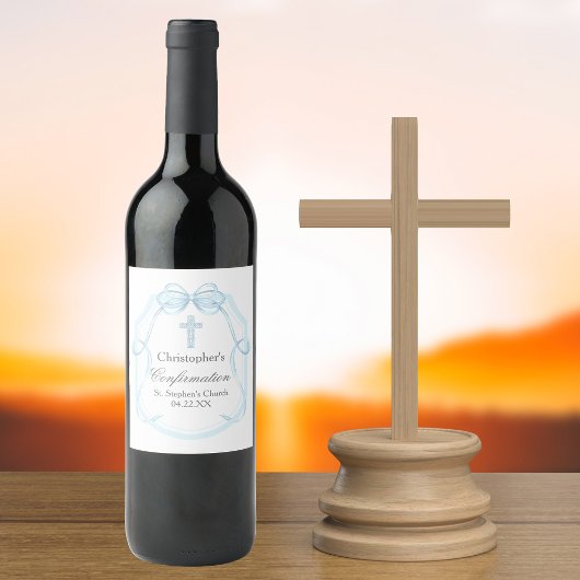 Elegante blauwe lint boog bevestiging partij wijn etiket