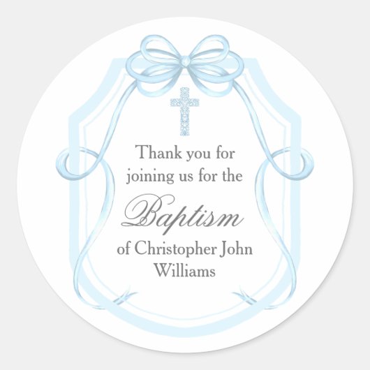 Elegante Blauwe Lint Boog Doopfeest Ronde Sticker (Voorkant)