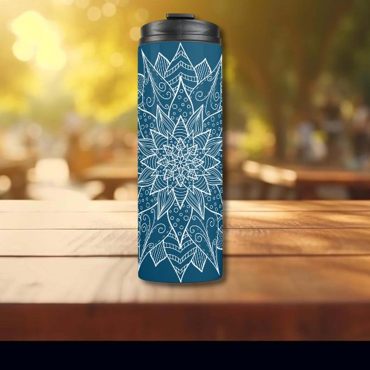Elegante Blauwe Mandala Bloemig Thermosbeker