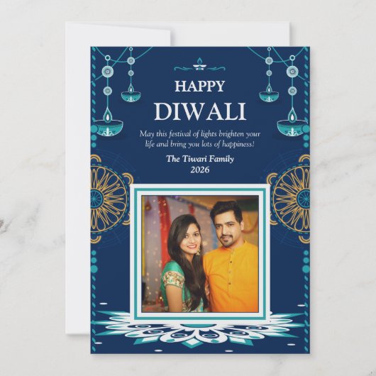 Elegante blauwe mandala Diwali Festival of Lights Feestdagenkaart (Voorkant)