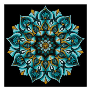 Elegante blauwe mandala   Heilige Geometrie Boho   Perfect Poster