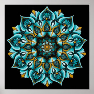 Elegante blauwe mandala   Heilige Geometrie Boho   Poster