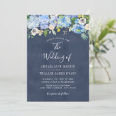 Elegante Blauwe Marine Bloemen Huwelijksuitnodigin Kaart (Staand voorkant)