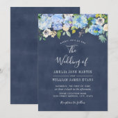 Elegante Blauwe Marine Bloemen Huwelijksuitnodigin Kaart (Voorkant / Achterkant)