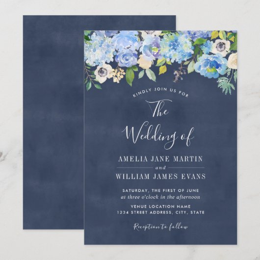 Elegante Blauwe Marine Bloemen Huwelijksuitnodigin Kaart (Voorkant / Achterkant)