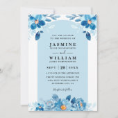 Elegante Blauwe Marine Bloemencode QR Code Bruilof Kaart (Voorkant)