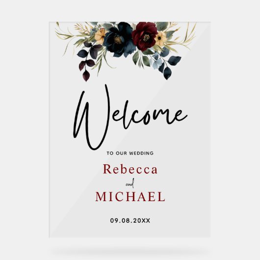 Elegante blauwe marine bordeaux bloemen welkom bru acryl bord (Voorkant)