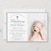 Elegante blauwe marine strepen foto doopsel kaart (Voorkant)