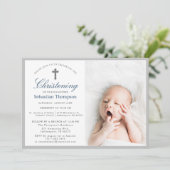 Elegante blauwe marine strepen foto doopsel kaart (Staand voorkant)