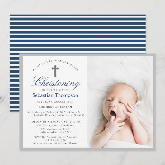 Elegante blauwe marine strepen foto doopsel kaart (Voorkant / Achterkant)