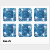 Elegante blauwe marmeren bloemenbruiloft vierkante sticker (Vel)