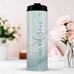 Elegante Blauwe Marmeren Chic Handtekening Schrift Thermosbeker