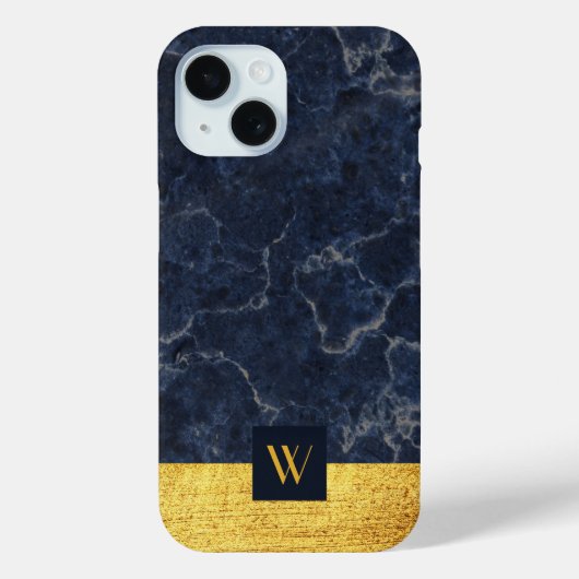 Elegante Blauwe Marmeren Gouden Monogram Case-Mate iPhone Case (Achterkant)
