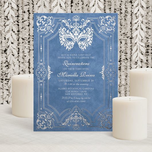 Elegante blauwe Masquerade Masker Quinceanera Folie Uitnodiging