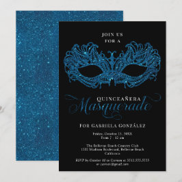 Elegante blauwe Masquerade Masker Quinceanera Kaart