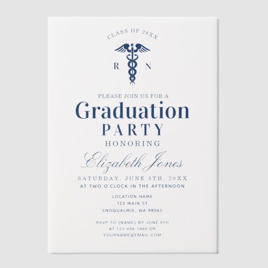 Elegante blauwe medische student afstudeerfeest vellum uitnodigingen (Voorkant)