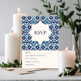 Elegante Blauwe Mediterrane Tegel bruiloft RSVP Ka Kaartje