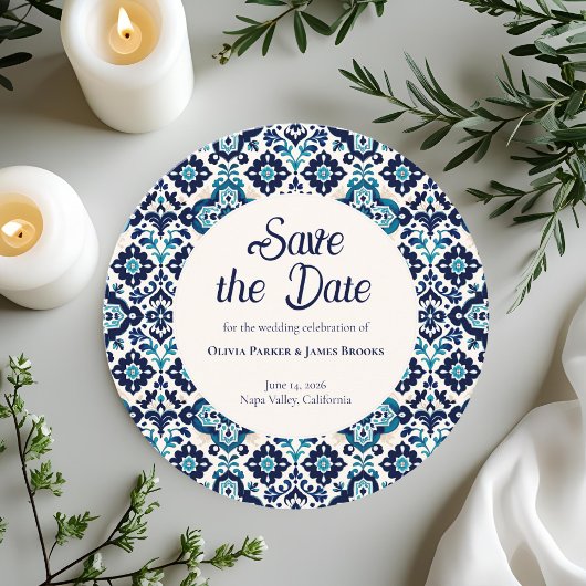 Elegante Blauwe Mediterrane Tegel Save the Date Ka
