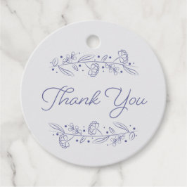 Elegante blauwe met de hand getekende bloemranken bedankjes labels