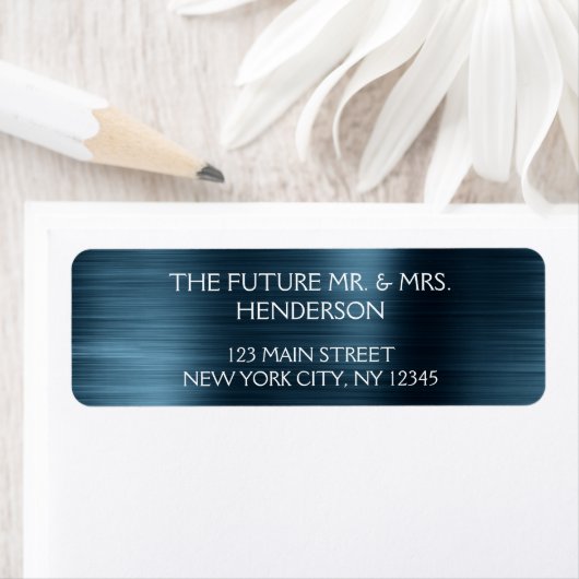 Elegante Blauwe Metalen Folie Moderne Trouwdag Etiket (Insitu)