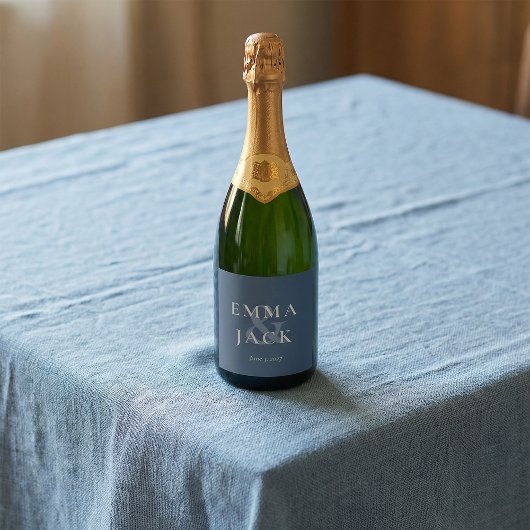 Elegante Blauwe Minimalistische ampersand Huwelijk Sparkling Wijnetiket