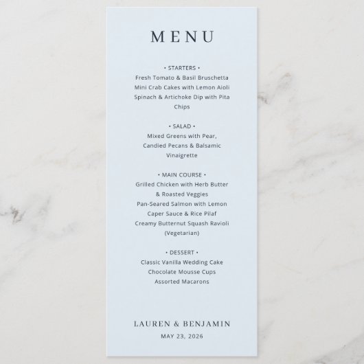 Elegante Blauwe Minimalistische Menu (Voorkant)