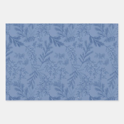 Elegante Blauwe Monochroom Rustieke Winter Botanic Inpakpapier Vel (Voorkant 3)
