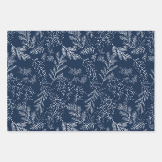 Elegante Blauwe Monochroom Rustieke Winter Botanic Inpakpapier Vel (Voorkant 2)
