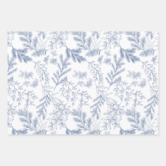 Elegante Blauwe Monochroom Rustieke Winter Botanic Inpakpapier Vel (Voorkant)