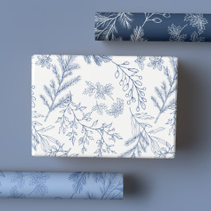 Elegante Blauwe Monochroom Rustieke Winter Botanic Inpakpapier Vel