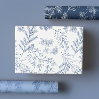 Elegante Blauwe Monochroom Rustieke Winter Botanic Inpakpapier Vel