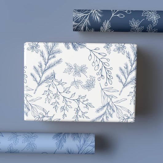 Elegante Blauwe Monochroom Rustieke Winter Botanic Inpakpapier Vel
