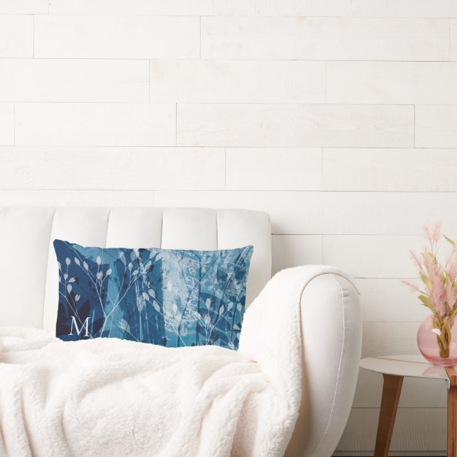 Elegante Blauwe Monogram Botanisch  Kussen (Bank)