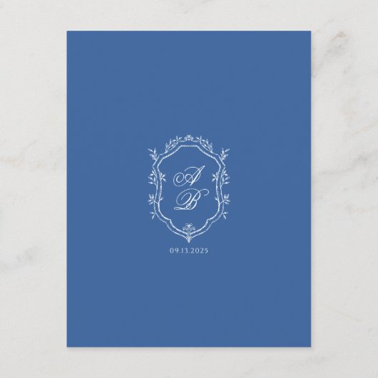 Elegante Blauwe Monogram Crest Formeel Script Trou Informatiekaartje (Achterkant)