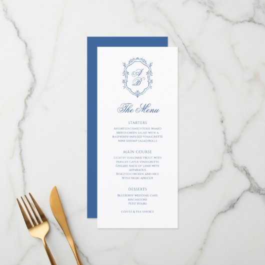 Elegante Blauwe Monogram Crest Formeel Script Trou Menu (Voorkant / Achterkant in situ)