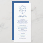 Elegante Blauwe Monogram Crest Formeel Script Trou Menu (Voorkant / Achterkant)