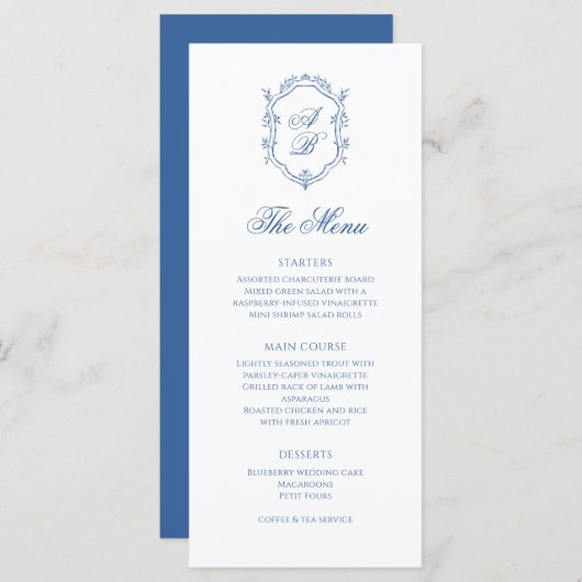 Elegante Blauwe Monogram Crest Formeel Script Trou Menu (Voorkant / Achterkant)