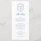 Elegante Blauwe Monogram Crest Formeel Script Trou Menu (Voorkant)