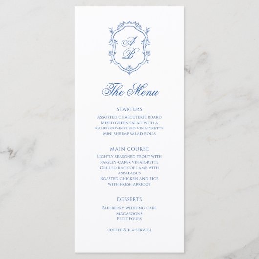 Elegante Blauwe Monogram Crest Formeel Script Trou Menu (Voorkant)
