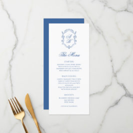 Elegante Blauwe Monogram Crest Formeel Script Trou Menu