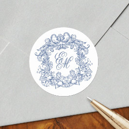 Elegante Blauwe Monogram Crest Vintage Wedding Ronde Sticker